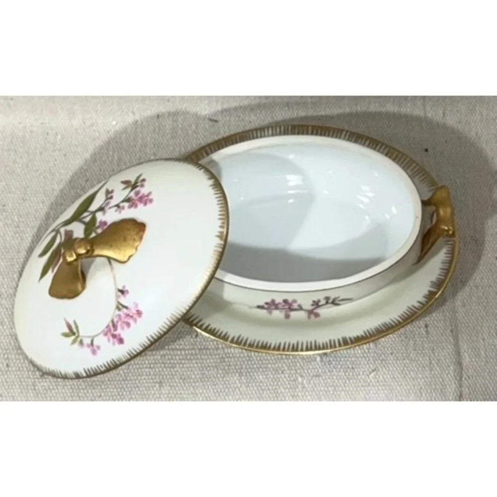 Vintage Floral Porcelain Lidded Tureen and Underplate Set Gold Gilt 6623